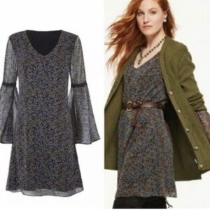Cabi Poise bell sleeve black floral knee length dress